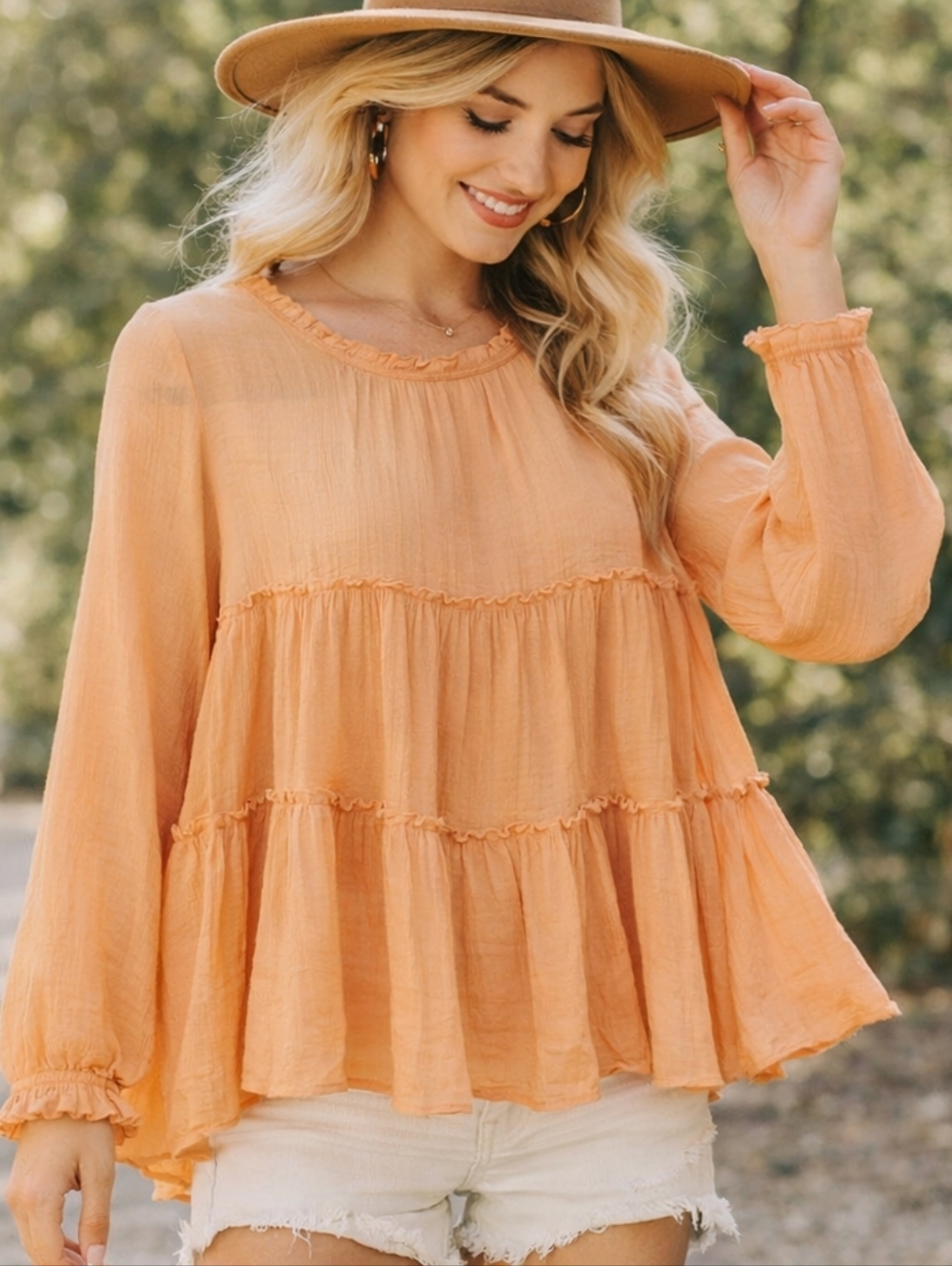 Entro Peach Babydoll Blouse Size Large Tiered Ruffle Gauze Boho